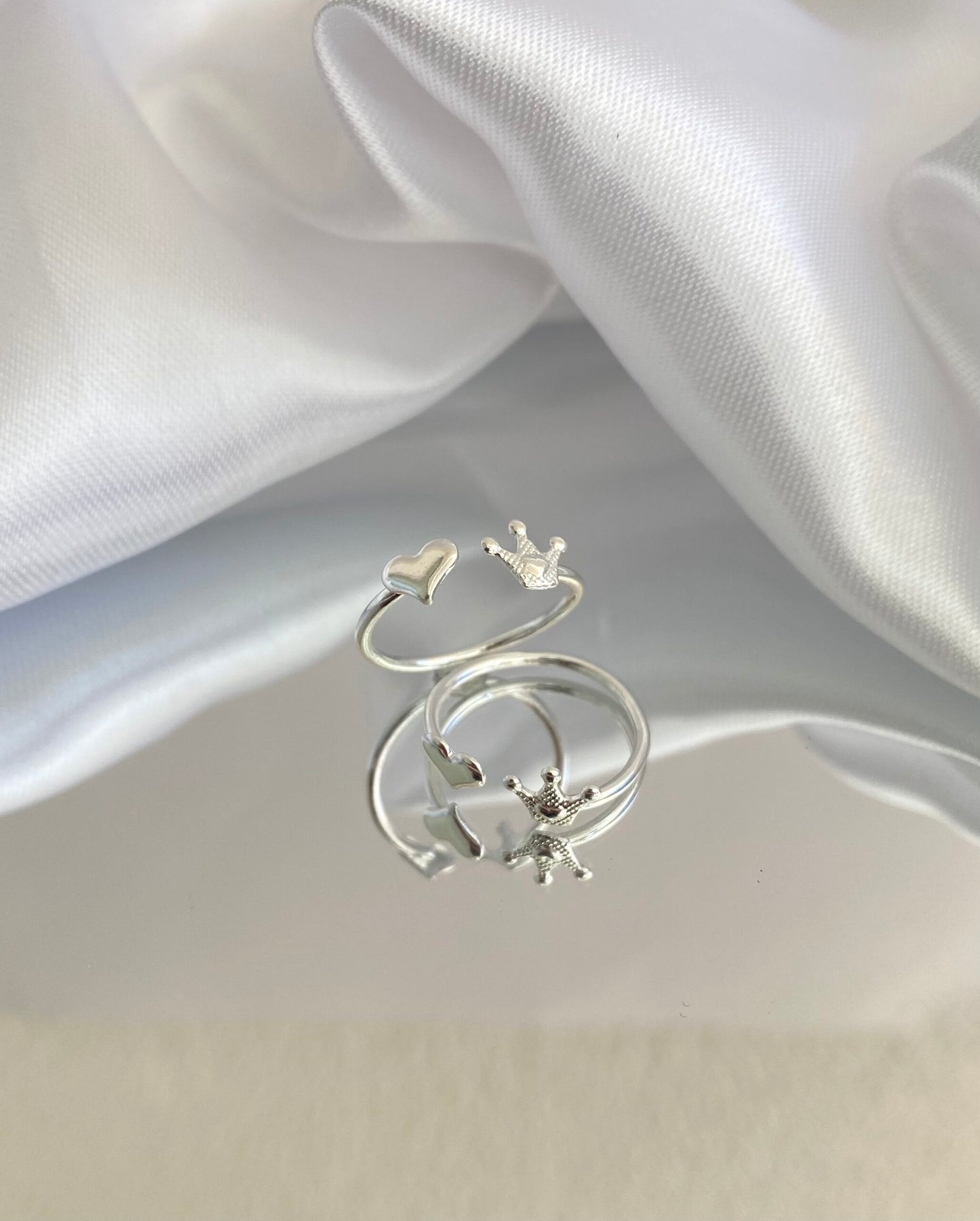 ANEL PRATA FALANGE CORAÇÃO E COROA AJUSTÁVEL