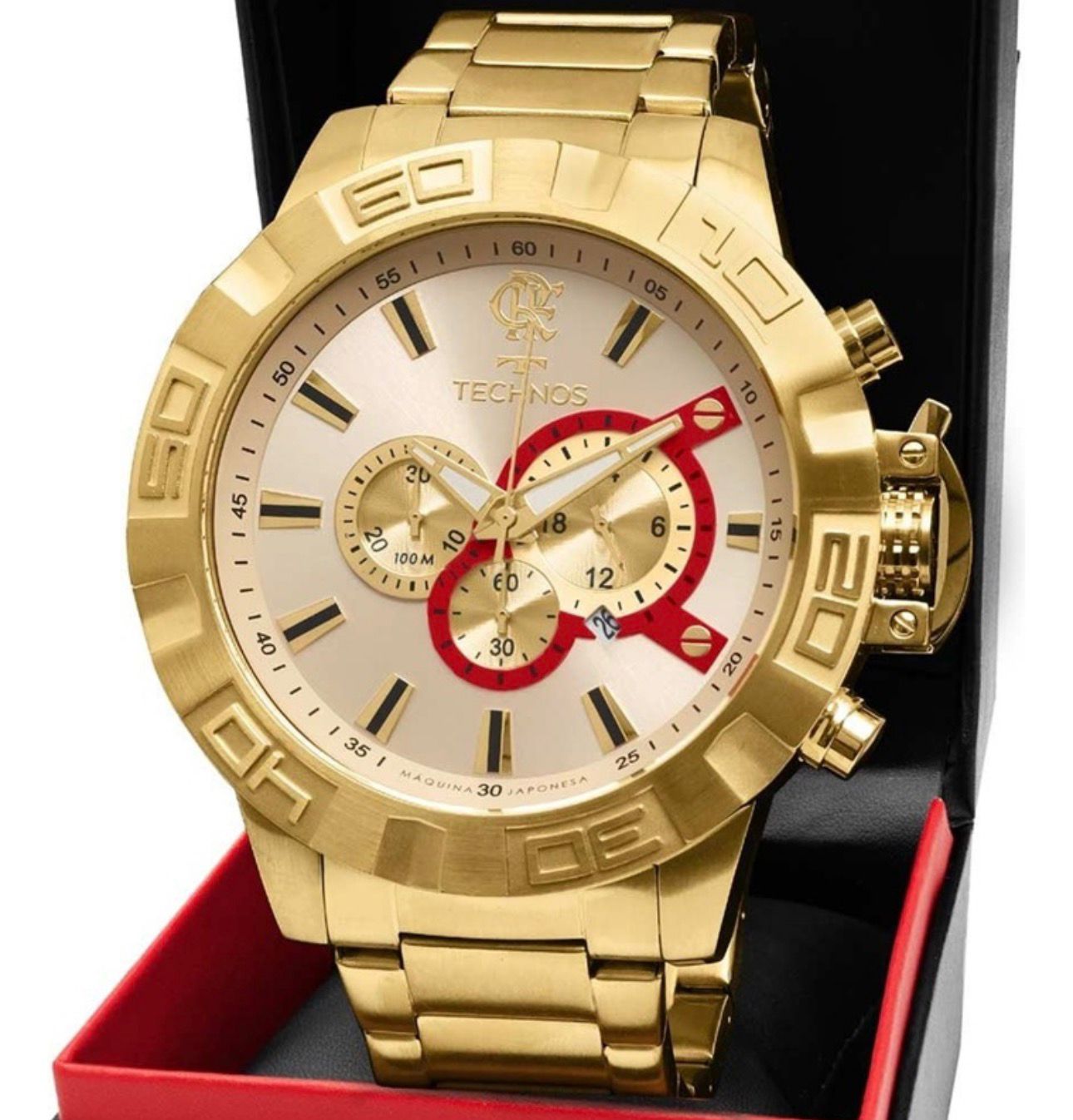 RELÓGIO MASCULINO TECHNOS FLAMENGO DOURADO CRONÓGRAFO 100M
