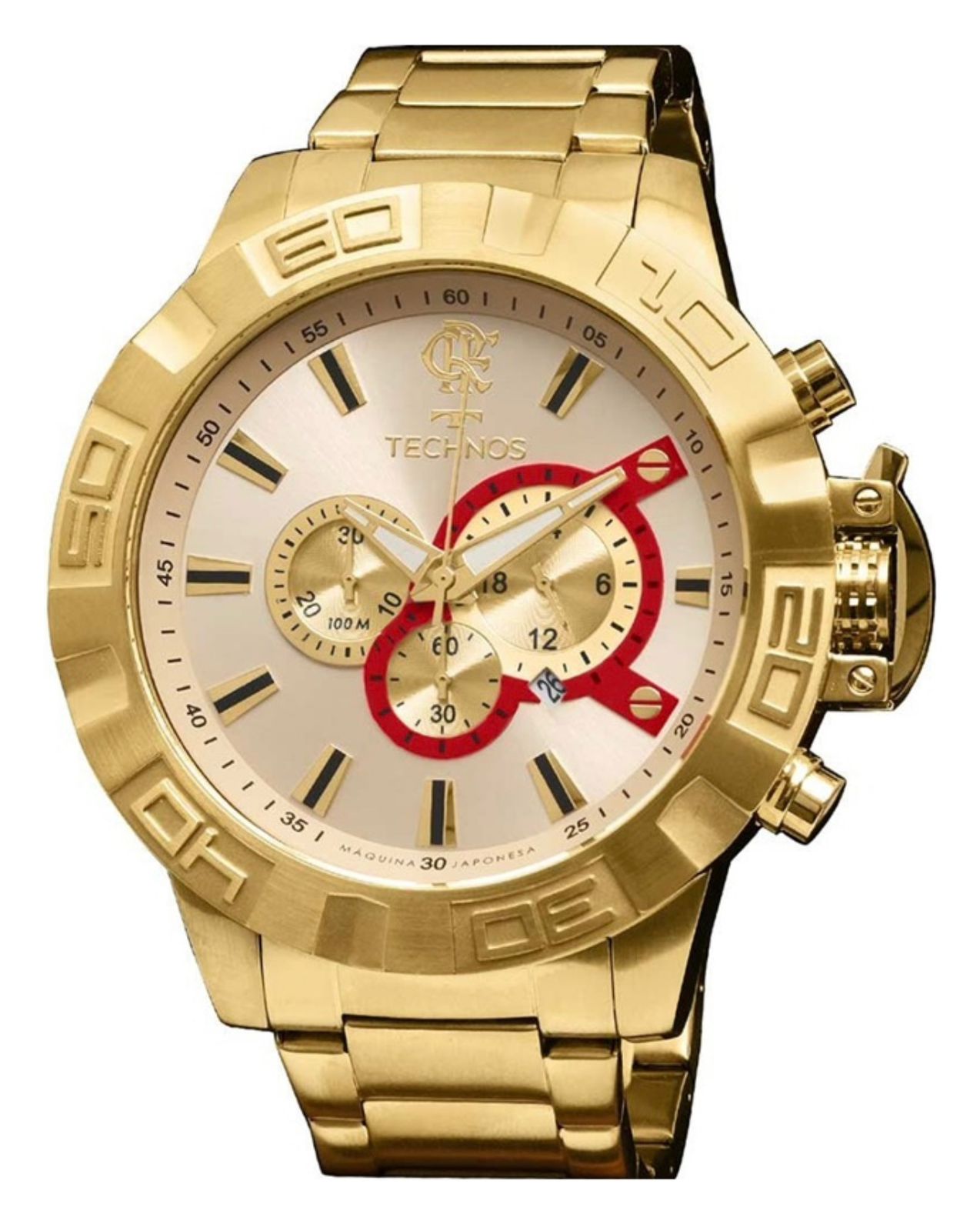 RELÓGIO MASCULINO TECHNOS FLAMENGO DOURADO CRONÓGRAFO 100M