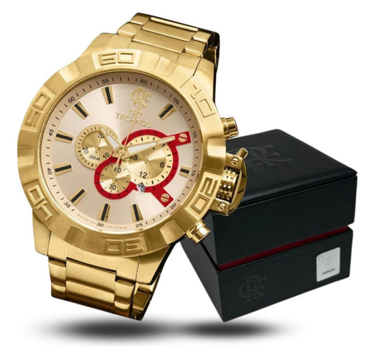 RELÓGIO MASCULINO TECHNOS FLAMENGO DOURADO CRONÓGRAFO 100M