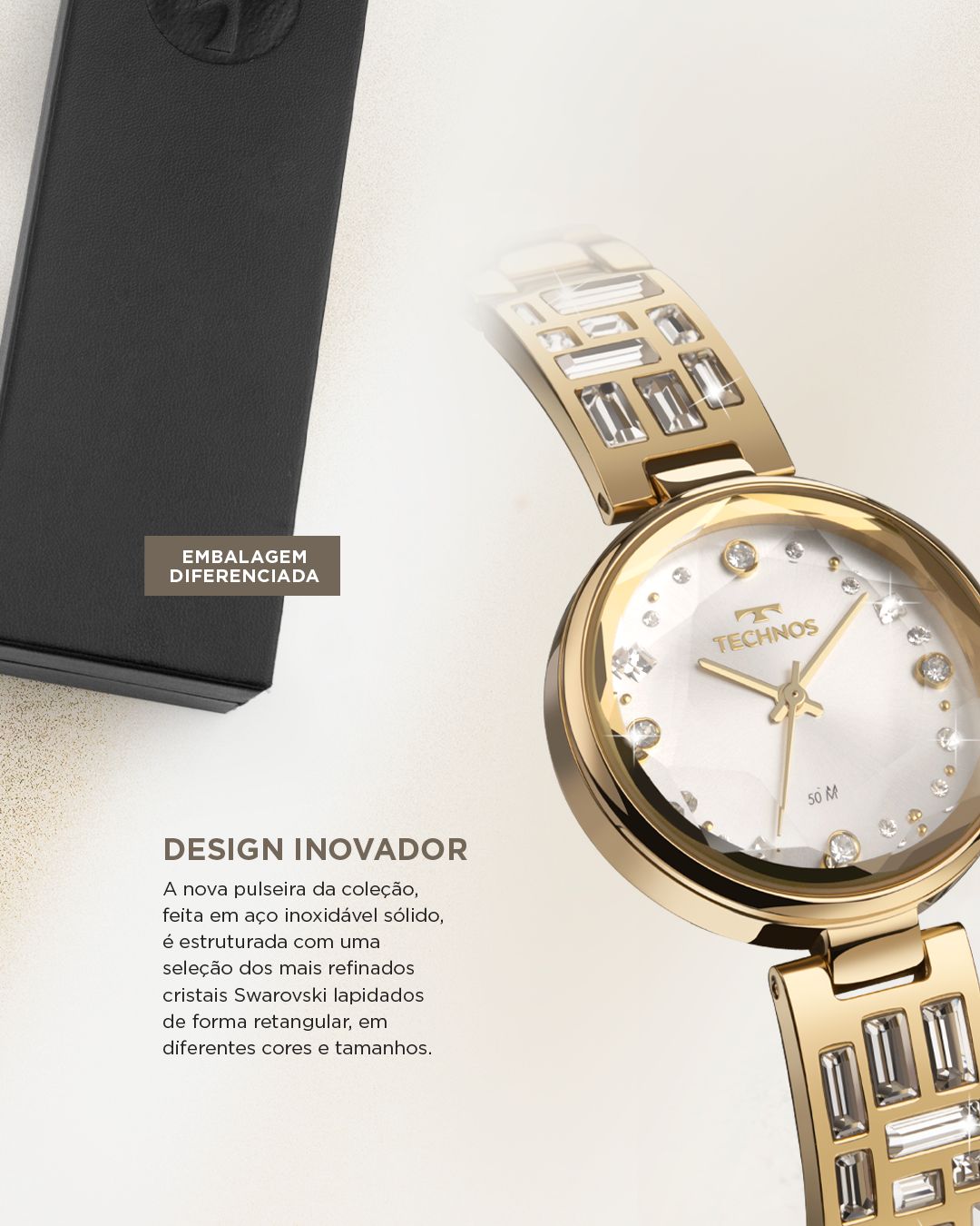 RELÓGIO TECHNOS FEMININO CRYSTAL DOURADO E PRATA