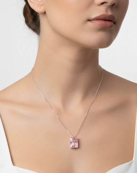 ESCAPULÁRIO PRATA CRUZ PRECIOSA - PEDRA ROSA